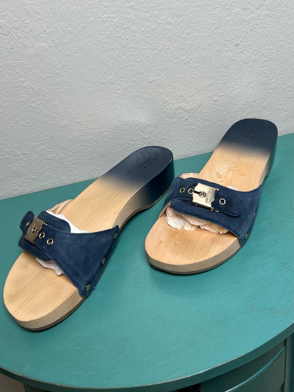 Dr Scholls Navy Suede Wooden Slide Ssndals - Picture 2 of 12